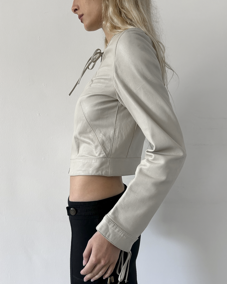 Blue Deep Cropped Leather Jacket