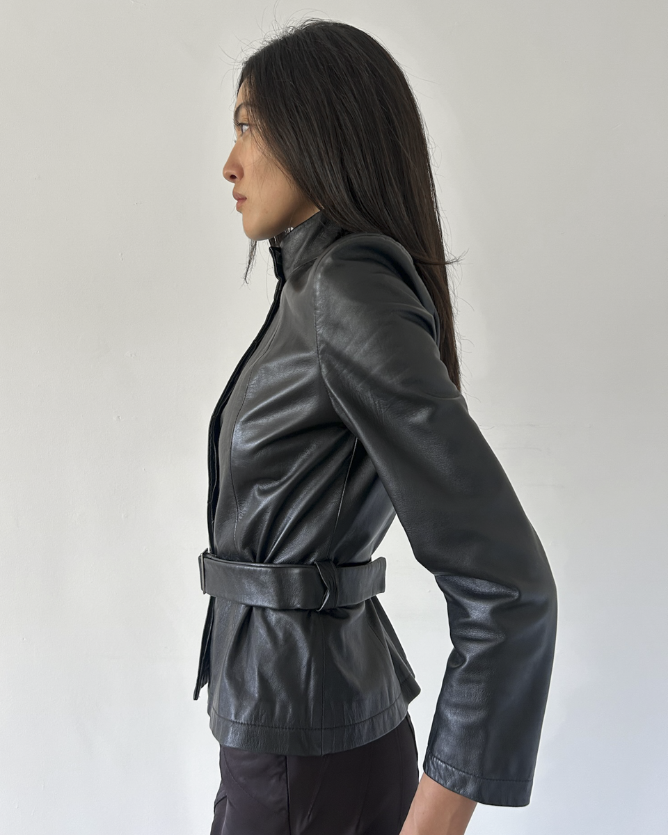 Amaya Arzuaga Leather Jacket with Waist Tie