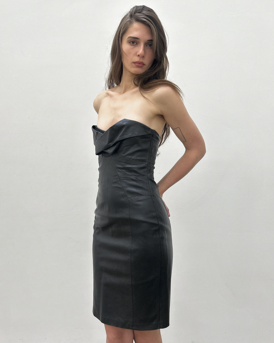 Paola Frani Strapless Leather Dress