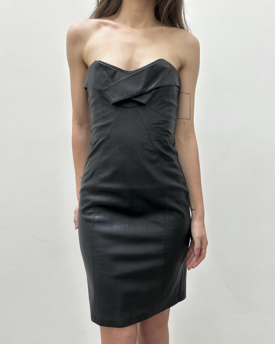 Paola Frani Strapless Leather Dress