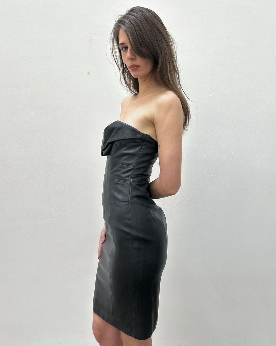 Paola Frani Strapless Leather Dress
