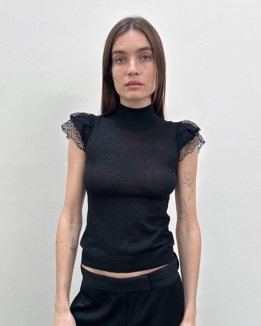 Valentino Lace Cap Sleeve Cashmere Top