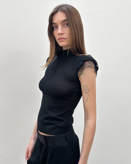 Valentino Lace Cap Sleeve Cashmere Top